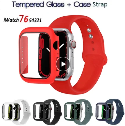 Стеклянная пленка + чехол ремешок для Apple Watch band 44 мм 40 45 41 38 42 49 силиконовый браслет