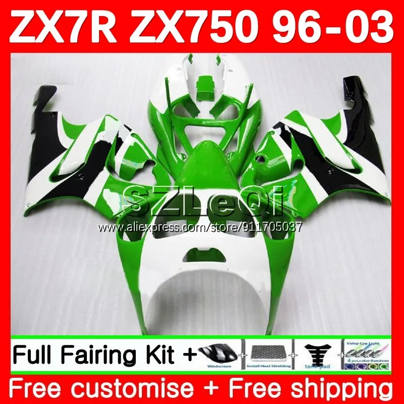 

green white Body For KAWASAKI NINJA ZX750 ZX 7R 7 R 750 ZX-7R ZX7R 96 97 98 99 00 01 02 03 ZX-750 1996 2003 Fairings 103LQ.65