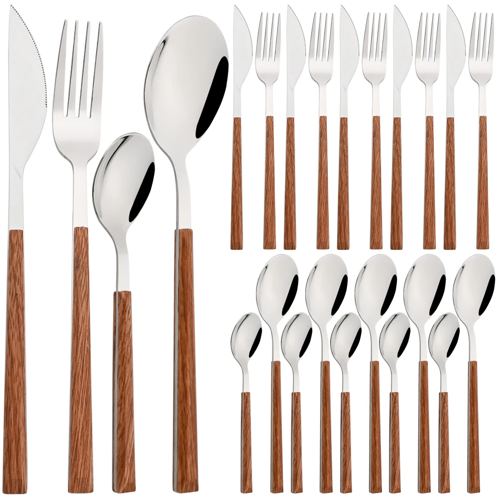 

24/30Pcs Brown Silver Dinnerware Set Imitation Wooden Handle Cutlery Set Knife Fork Spoons Tableware Stainless Steel Silverware
