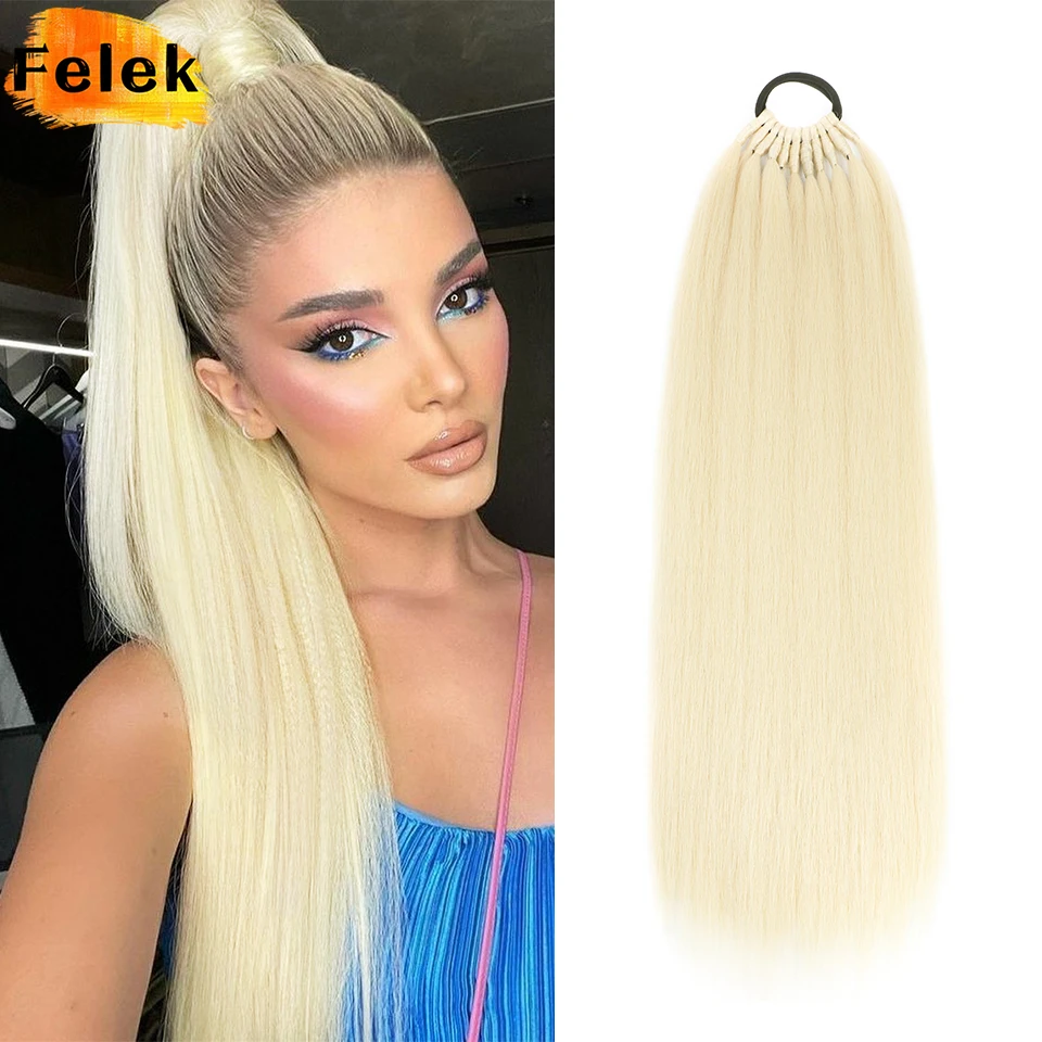 Straight Ponytail With Elastic Band Synthetic Hair Extensions Heat Resistant 24Inch Wrap Around Pony Tail Fake Hair For Women