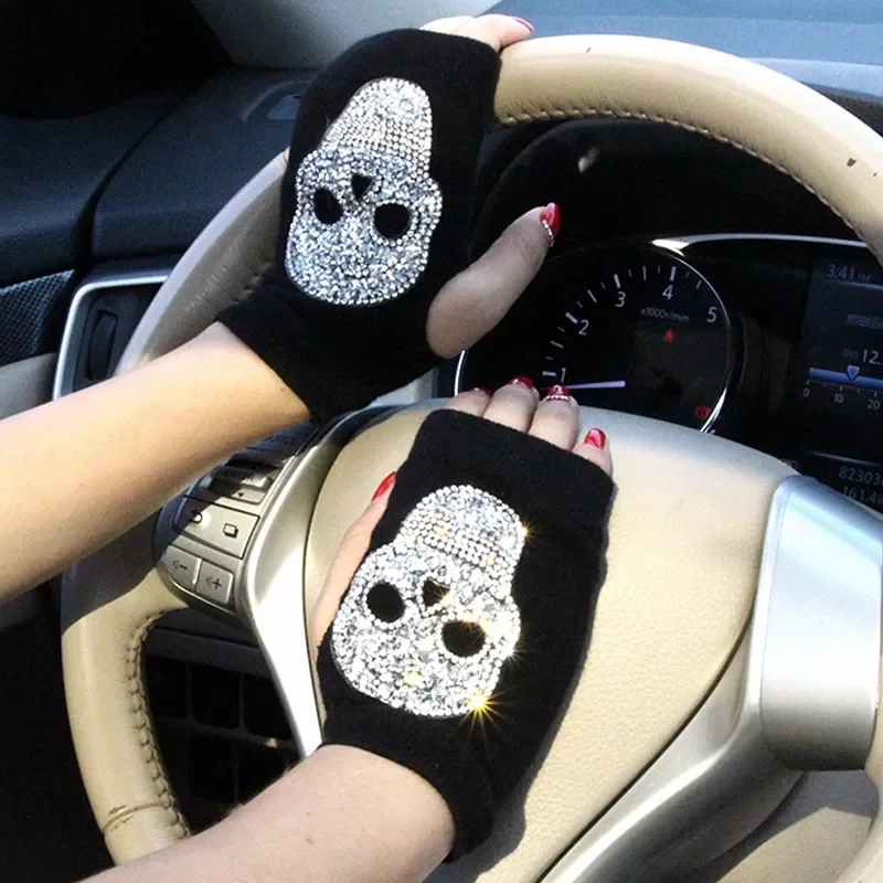 

Gloves Women Rhinestone Skull A+ Diamond Crown Half Finger Warm Knitted Black Mittens students Gants Femme