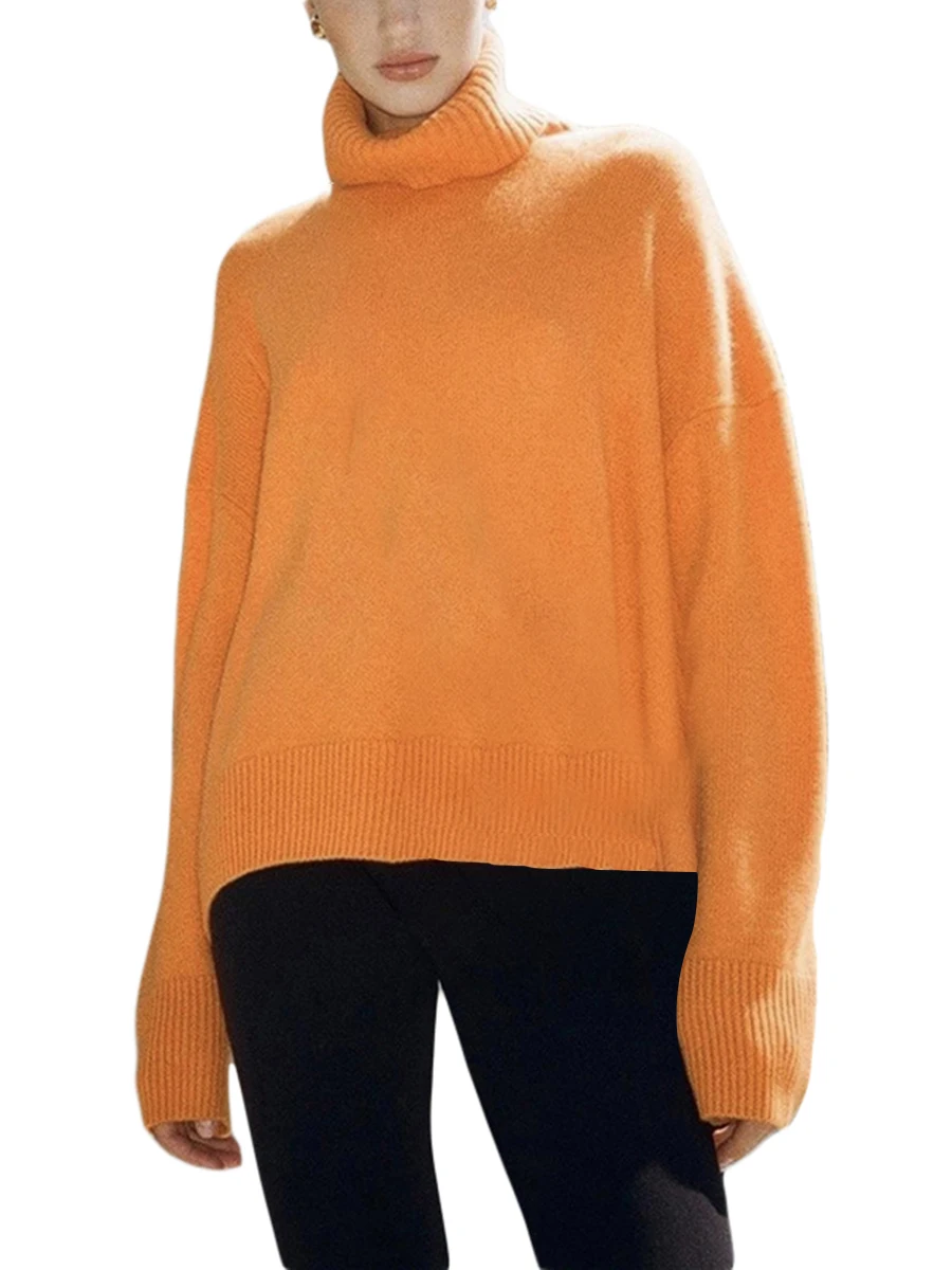 

Turtleneck Sweater Women Long Sleeve High Neck Cropped Ribbed Knit Pullover Top Winter Solid Color Asymmetrical Fitted Jumper