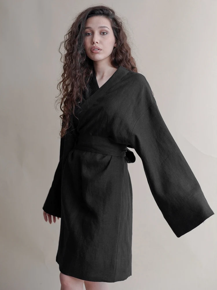 

Халат Linad женский хлопковый с длинным рукавом, свободная Пижама с V-образным вырезом и поясом, повседневная Однотонная ночная рубашка, черный цвет, 2023
