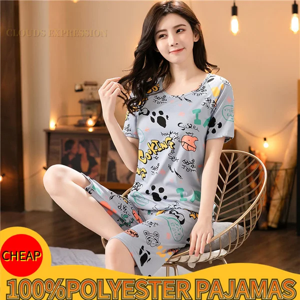 Summer Plaid Sleep Lounge Pajama Short-Sleeved Women's Set Cartoon Rabit Pyjamas Polyester Sleepwear 3XL 5XL Home Fashion