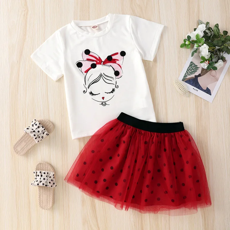 

Kids Clothes Girls Skirt Set Toddler Fashion 2022 Summer New White Short Sleeved T-shirts Tops and Red Dot Mesh Dresses Outfits