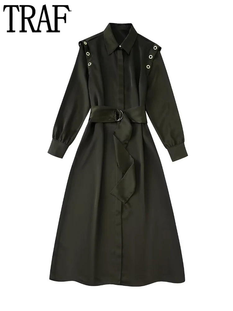 

TRAF Rings Shirt Dress Woman Collared Winter Dress Women Long Sleeve Midi Dresses for Women 2022 Streetwear Belt Female Dress