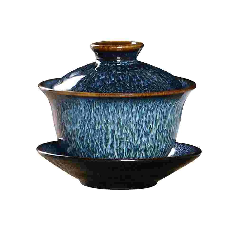 

Tea Set Cup Gaiwan Ceramic Porcelain Chinese Kung Fu Teacup Tureenlid Blue Tradition Sancai