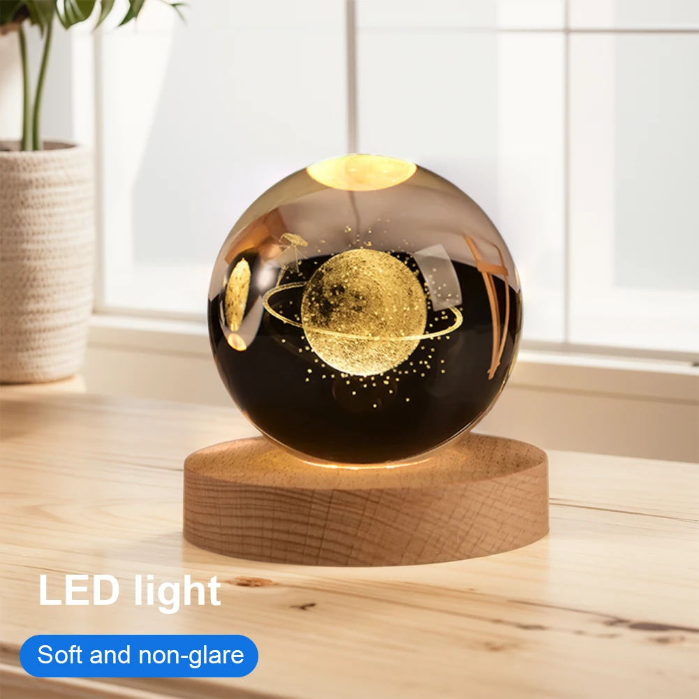 Хрустальный 3D-шар лампа с деревянным основанием ночник