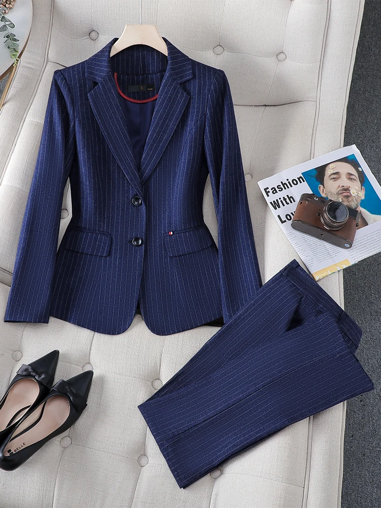 

Женский брючный костюм в полоску, черный и синий деловой костюм из двух предметов, офисный Блейзер и брюки, одежда для работы, осень