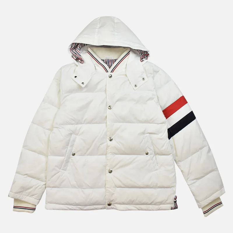 TB THOM Jackets Striped Sleeves Winter Men's Thermal Puffer Jacket Fashion Brand Down-Filled Women Hooded Loose Casual Male Coat