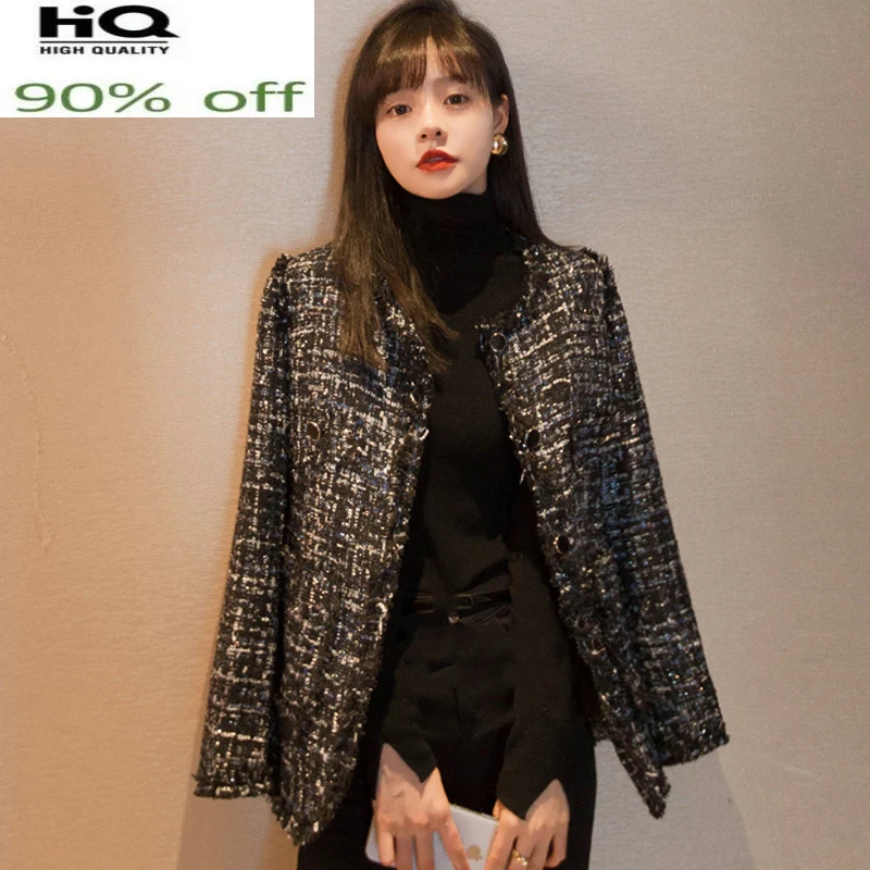 

Пальто женское, твидовое, осенне-зимнее, с длинным рукавом, с блестками