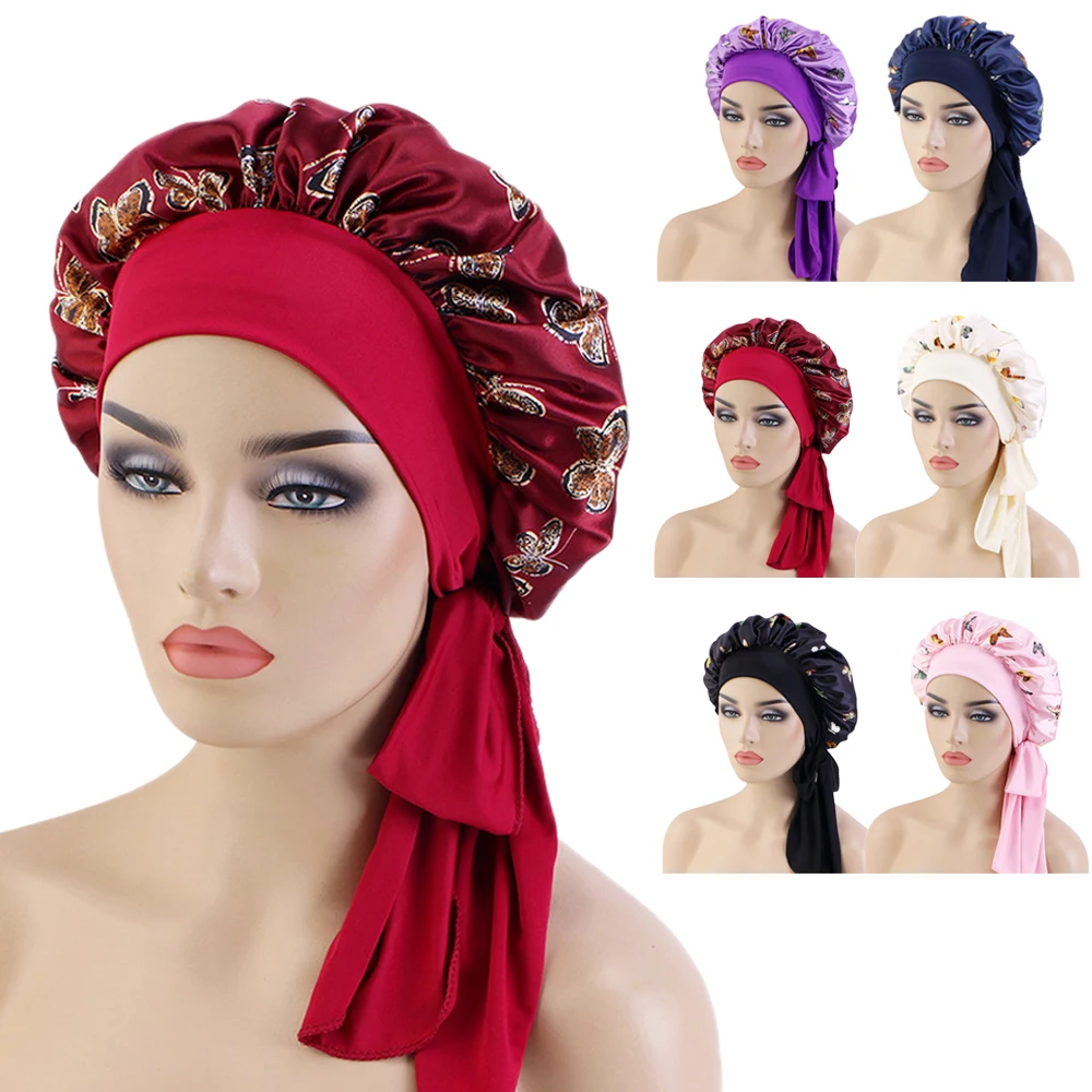 

Women Satin Print Sleeping Hat Night Sleep Cap Long Ribbon Hair Care Bonnet Nightcap Chemo Caps Head Scarf Wrap Shower Turban