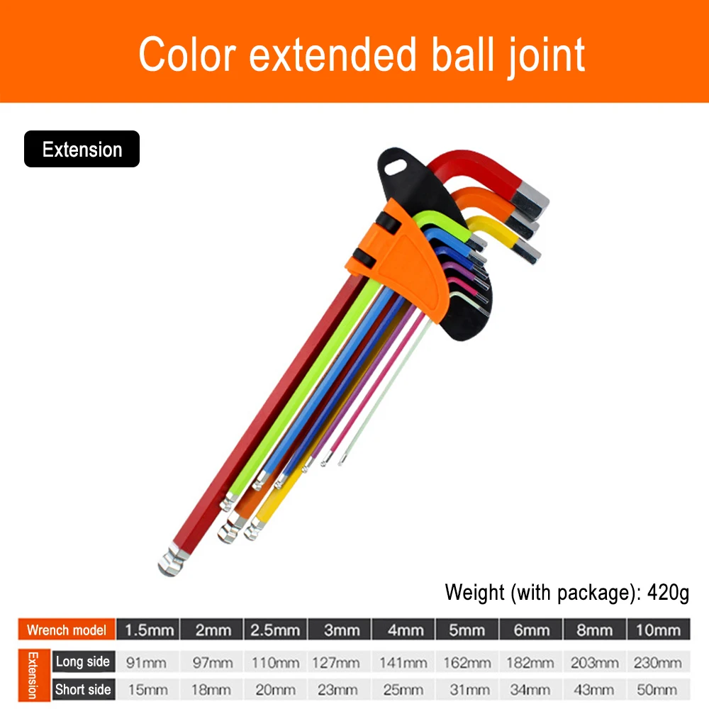 

9 шт., шестигранный шестигранный ключ с цветным кодом, набор ключей L 1,5 мм-10 мм, крутящий момент, длинная метрическая с рукавом, ручные инструменты, аксессуары для велосипеда