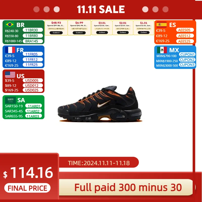 Мужские модные кроссовки Nike Air Max Plus TN Удобные и носимые Черный Оранжевый