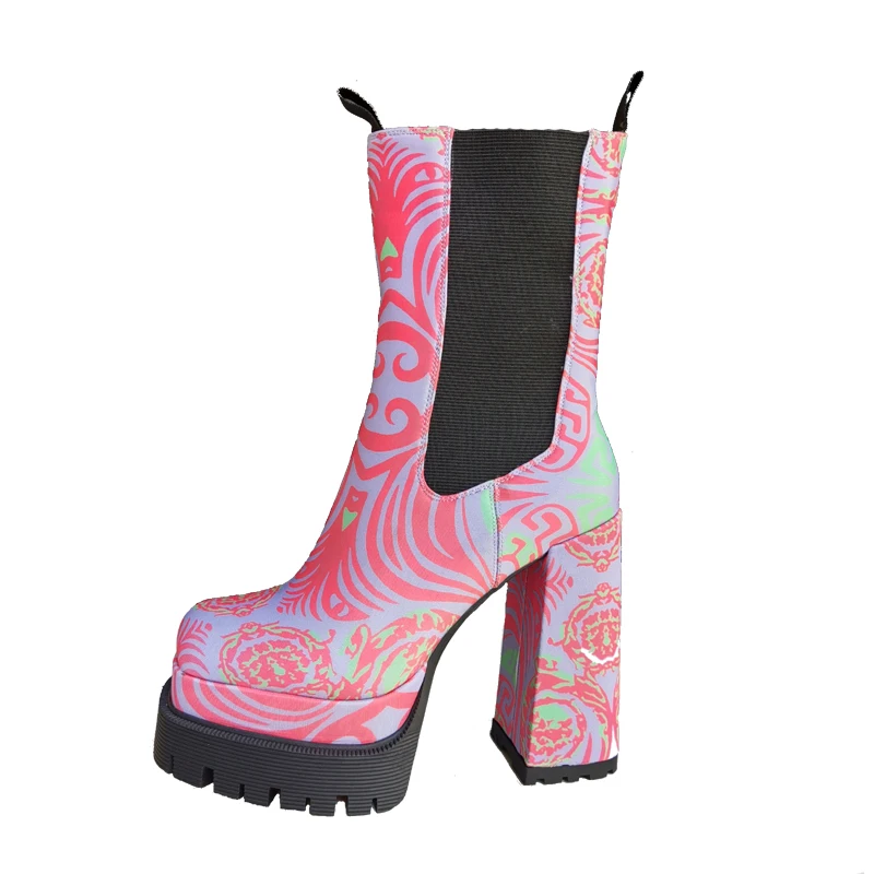 

Mixed Color Platform Martin Boot New Autumn Women's Ankle Boots Thick High Heel Square Toe Printing Shoes Black Green Big Size