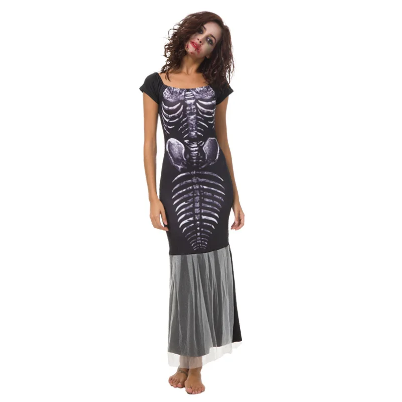 

Halloween New Black White Yarn Tail Skirt Witch Skeleton Costume Ghost Bride Cosplay