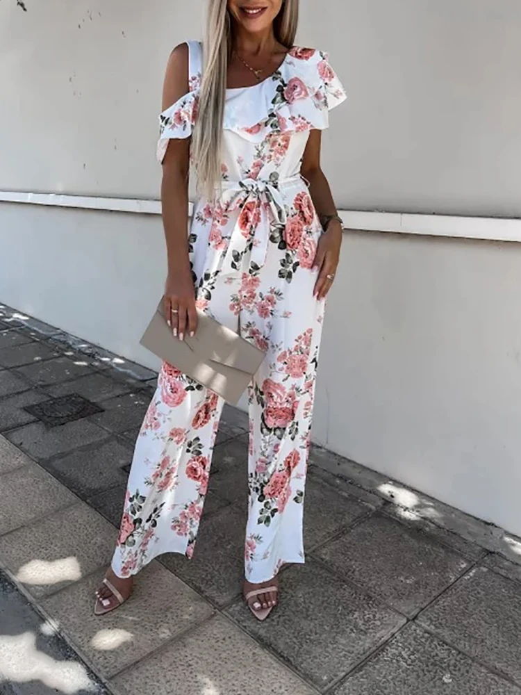 

Fashion Ruffled Party Romper Ladies Sexy Hollow Off Shoulder Straight Overalls Summer Elegant Loose Lace-up Print Women Jumpsuit