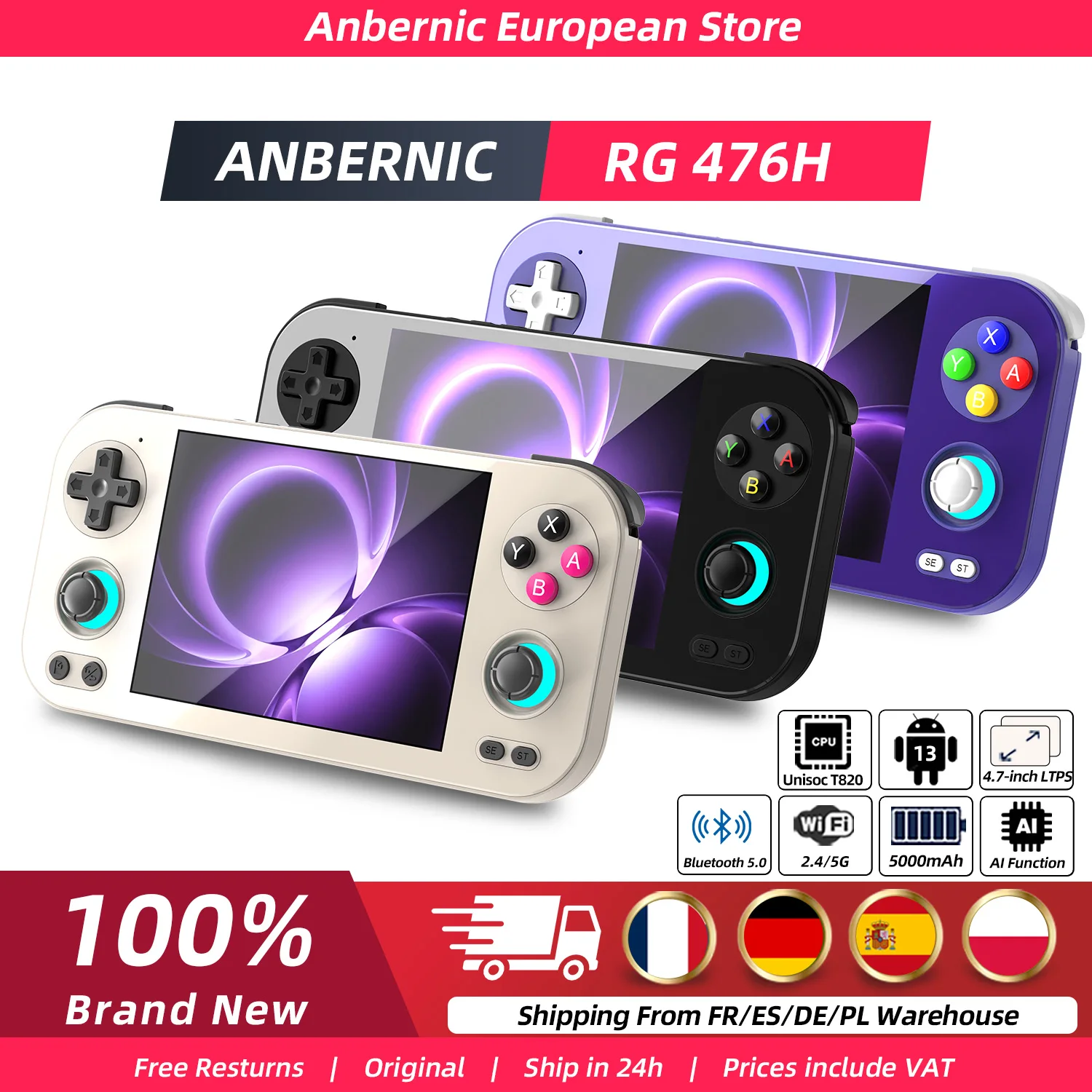 Anbernic RG476H Retro Handheld Game Console 4.7-inch LTPS In-Cell Screen Android 13 128G UFS2.2 Storage AI 3D Joystick WiFi Bluetooth