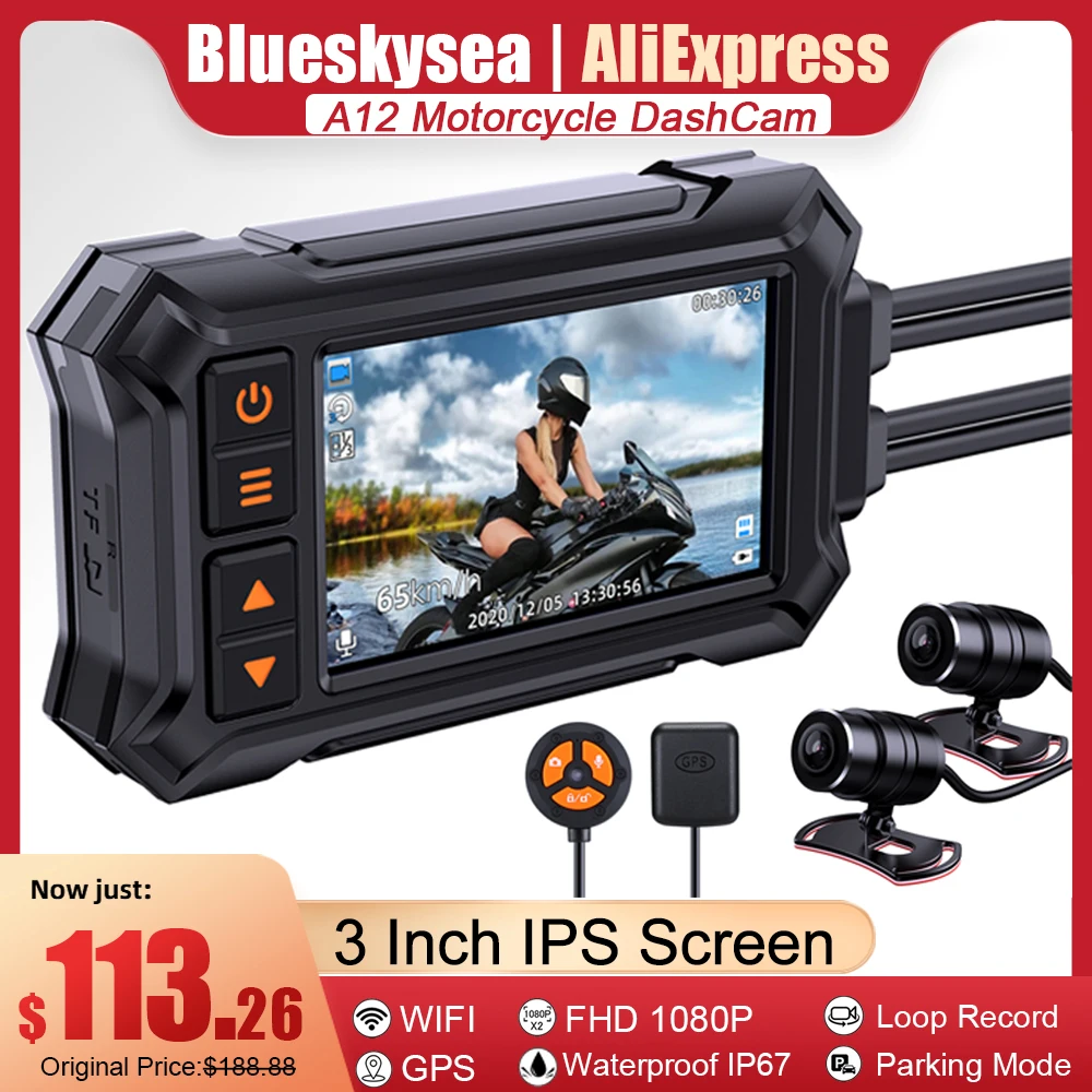 Камера для мотоцикла Blueskysea A12, 3 дюйма, Wifi, GPS, 1080P