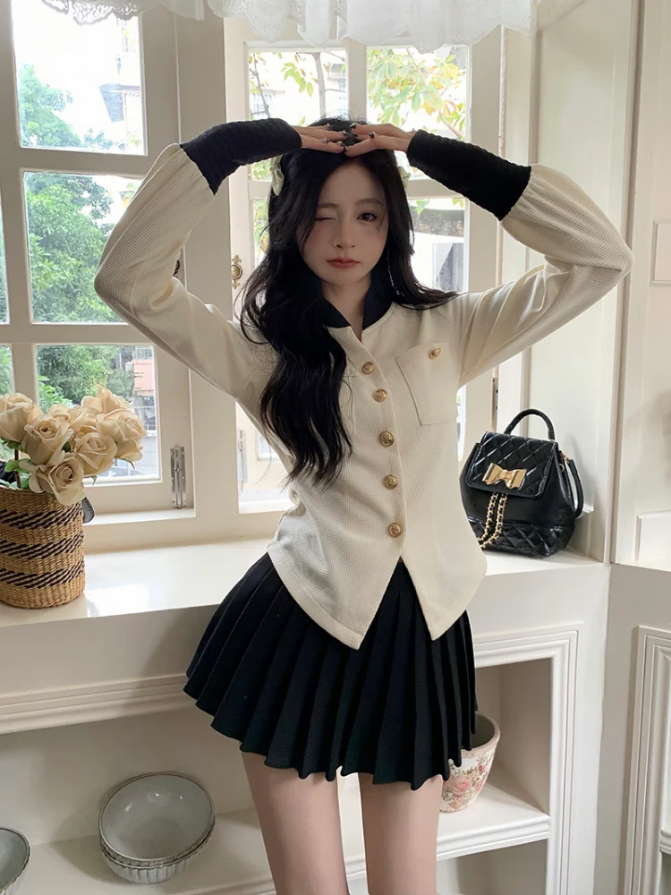 

Sexy Girl Summer 2 Pieces Suits 2023 Fashion Vintage Slim White Shirt &High Waist Mini Pleated Skirt Sets Retro Two Pcs Outfits