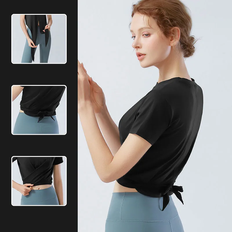 

Женские Модные свободные рубашки для йоги со шнуровкой и коротким рукавом, спортивный топ, спортивная одежда для фитнеса, тренажерного зала...