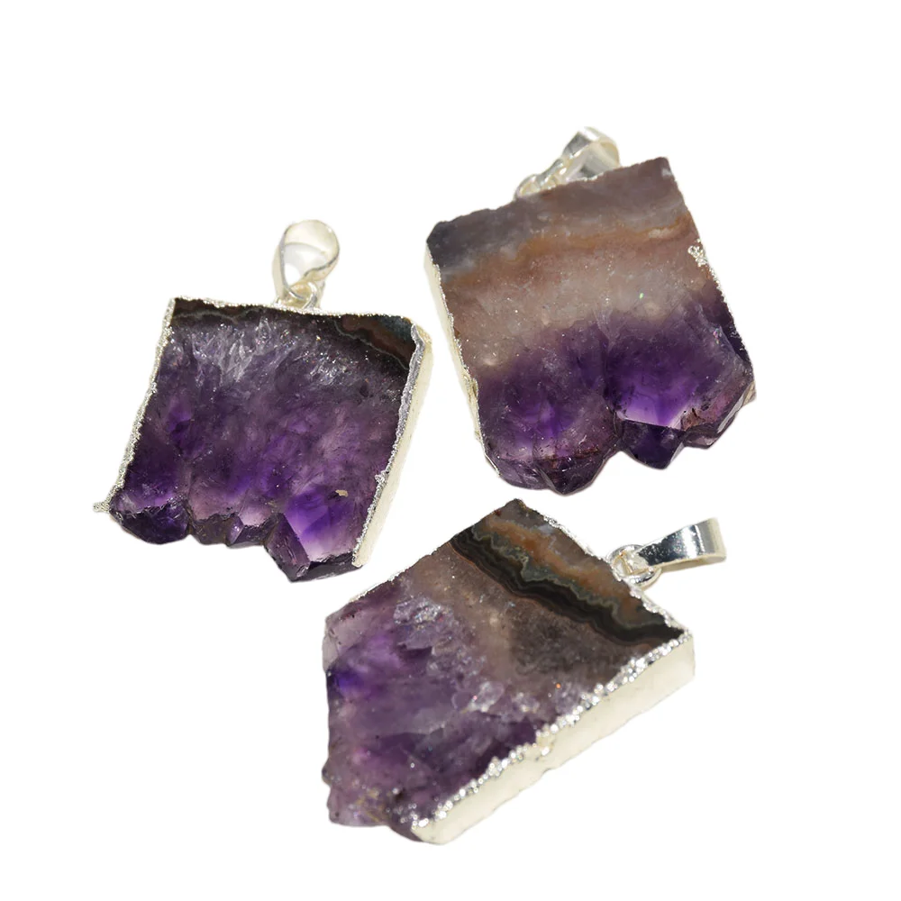 

Natural Amethyst Slice Purple Crystal Stone Geode Druzy Square Pendant for Jewelry Making 2022 Silver Plating Women Stripe Large