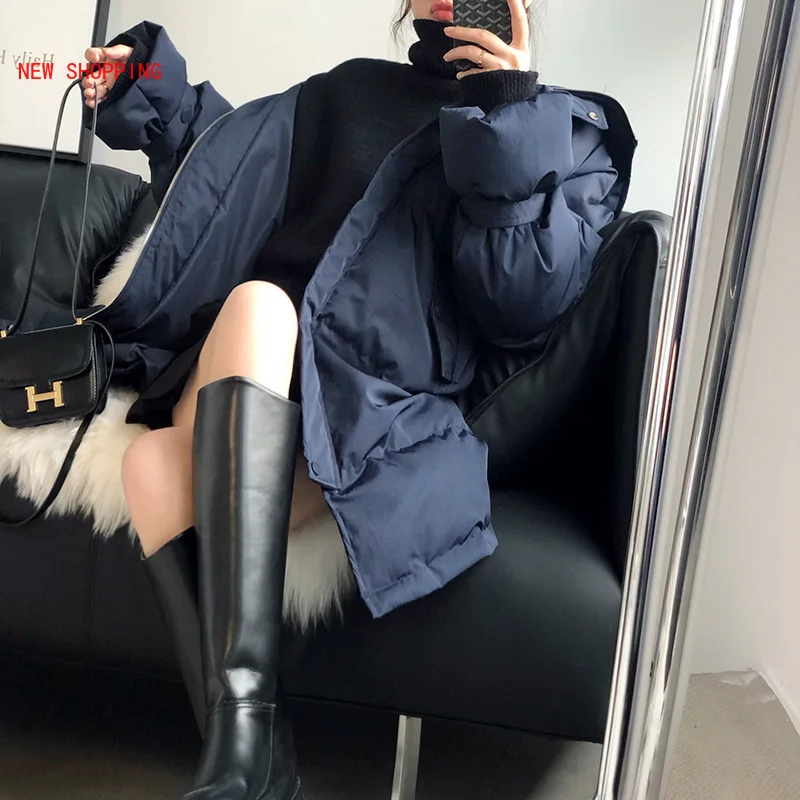 New Parka Fashion Solid Medium Long Warm Winter Jacket Women Causal Hooded Covered Button Oversize Thick Cotton Coat White Black