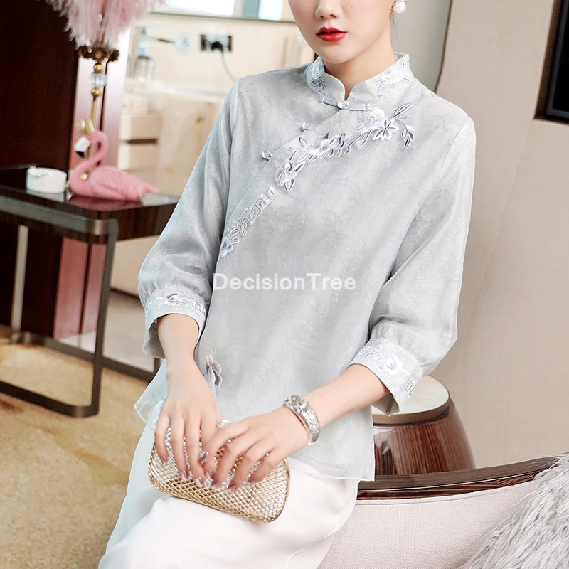 

﻿2022 ladies chinese traditional top mandarin collar qipao shirt ancient linen cheongsam blouse elegant party women shirts