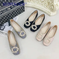 spring summer women flats square toe slip on flat shoes pearl boat shoes female loafers tweed plaid office shoes ladies