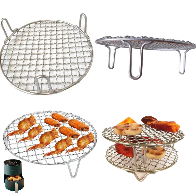 

304 Stainless Steel High Bbq Round Grill Net with Foot Barbecue Meshes Air Fryer Steamer Liners Baking Rack Camping Outdoor Mesh