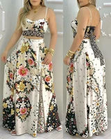 new summer 2022 womens two piece chic square neck sleeveless cropped top and floral skirt set