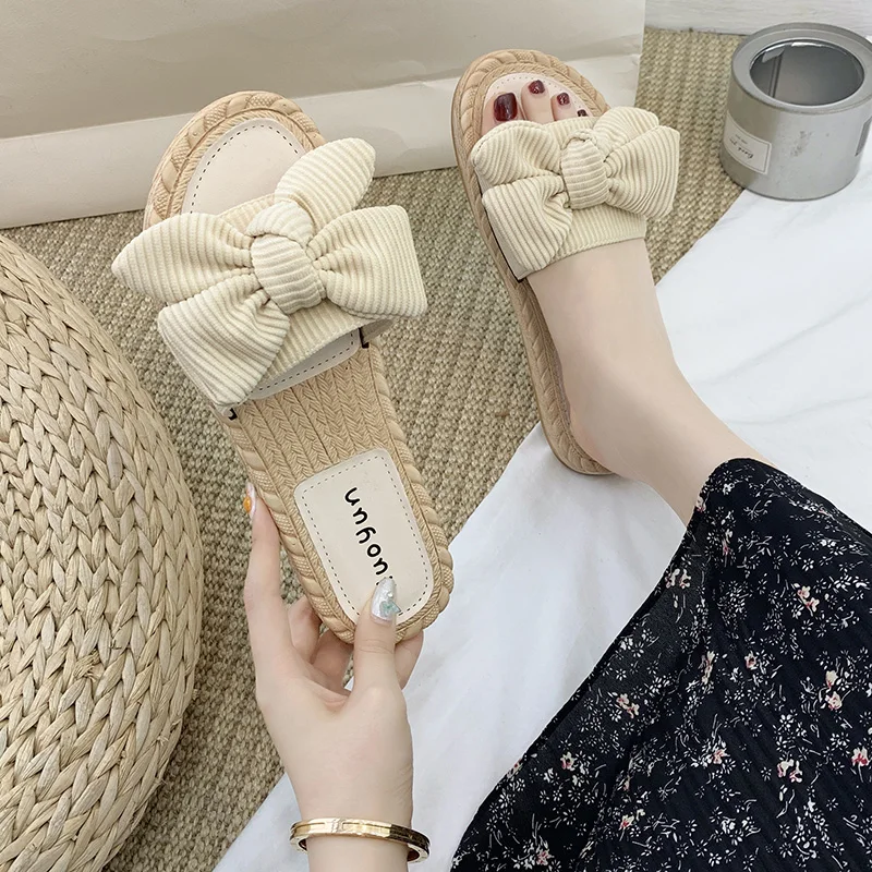 

Beach Shoes Slippers Soft Slipers Women Slides Low Flock Butterfly-Knot Fashion Sabot Comfort 2022 Summer Flat Luxury PU Rubber