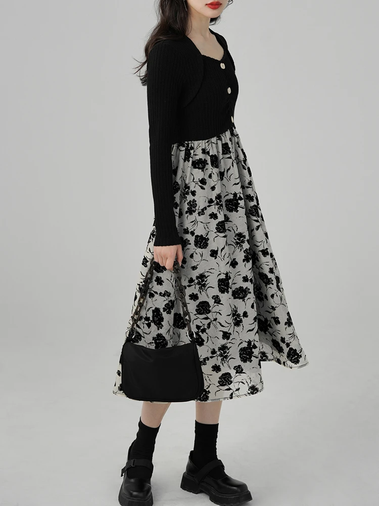 

Black Long-sleeved Square-neck Stitching Mesh Dress Women's Spring And Summer New Fake Two-piece Rose Print Short Skirt Female