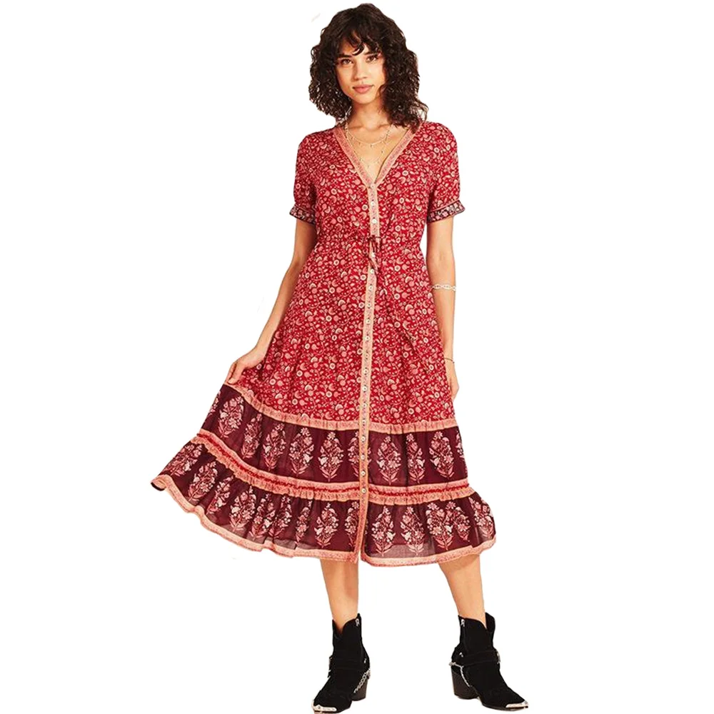 

European Beauty Dresses Vintage V-Neck Printed Long Dress Ladies High Waist Dress Boho Single Breasted Big Swing Beach Dress