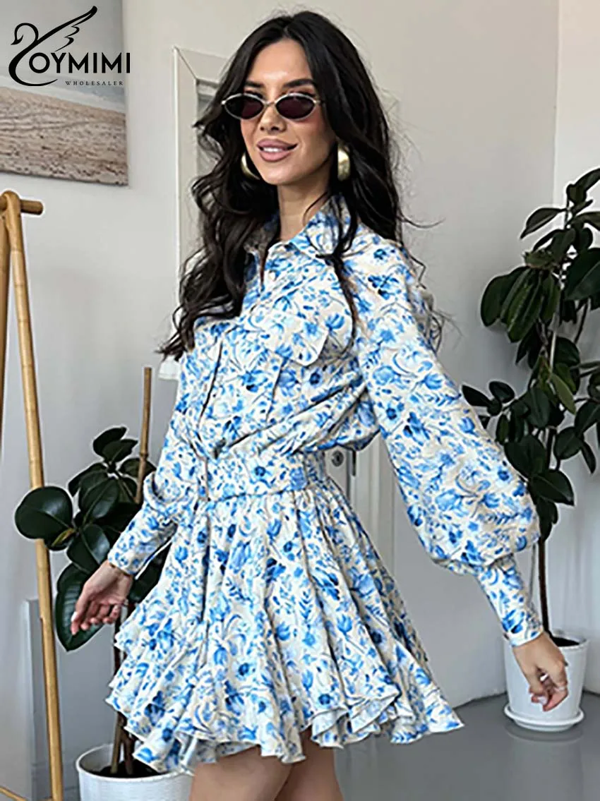 Oymimi Элегантный женский комплект из 2 предметов с синим принтом модные рубашки