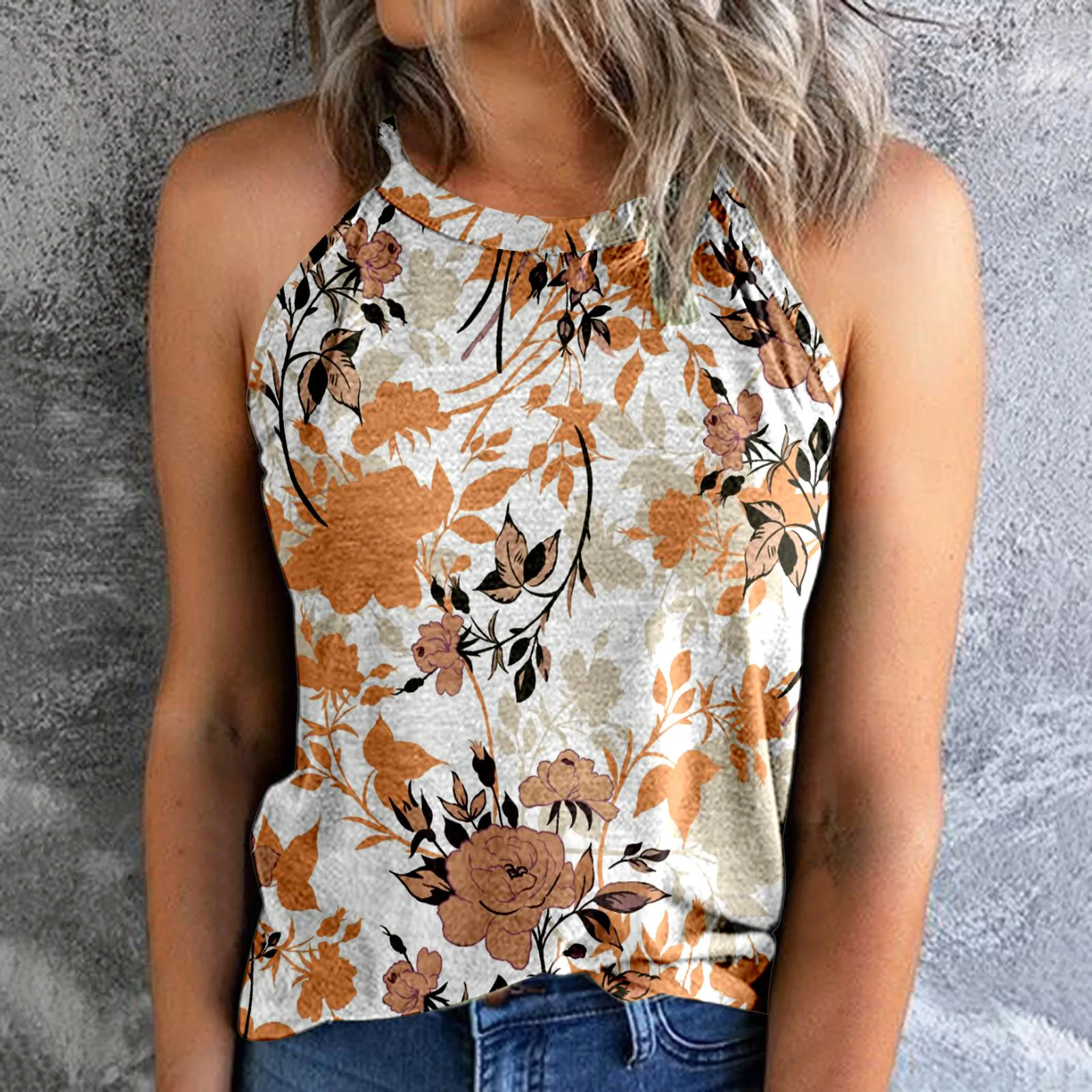 

Женская блузка без рукавов, белая приталенная блузка с круглым вырезом и принтом в винтажном стиле