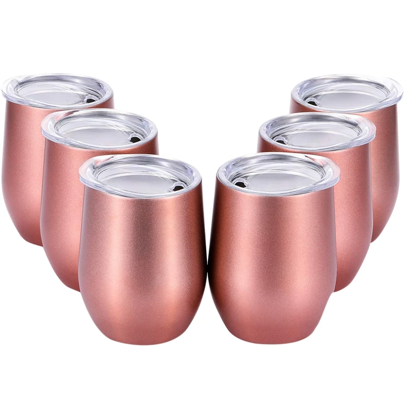 

1 Set 6 Pcs 12 Oz Unbreakable Drinkware Stemless Wine Tumbler Stainless Steel Triple-Insulated Vacuum Wine Glass Cup with Lids