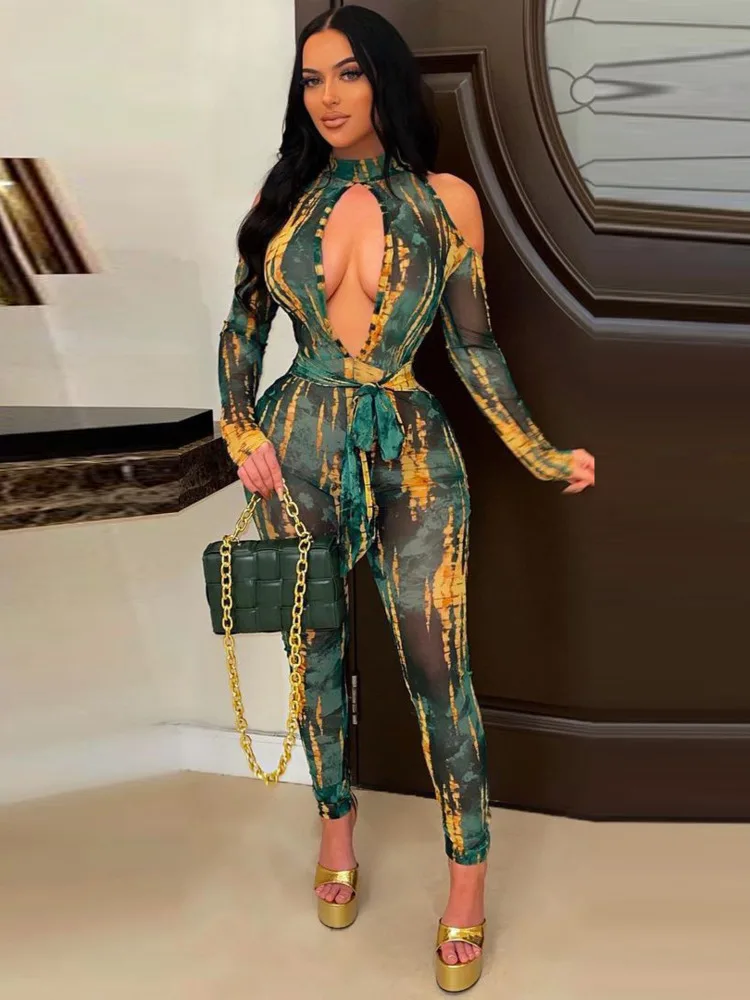 

Sexy Women Off Shoulder Jumpsuit Long Sleevetight Printed Mesh Jumpsuit Hollow Out High Waist Tie Dye Print Jumpsuit With Belt