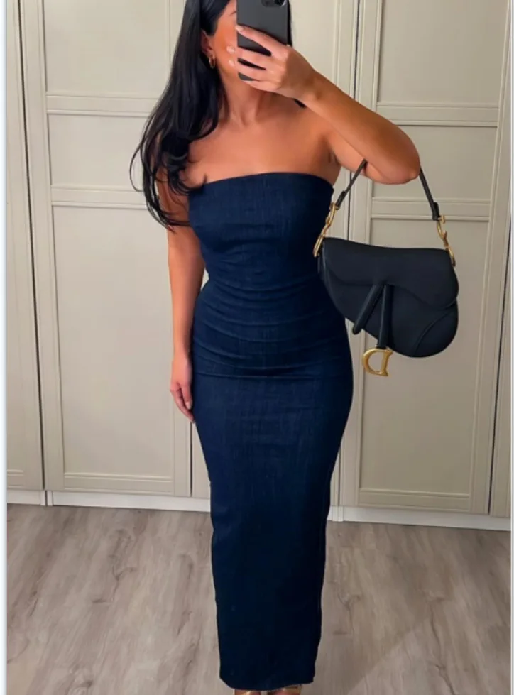 

Sexy Strapless Backless Denim Dress Zipper Split Party Blue Female Long Dress for Women Summer Evening Dresses Streetwear