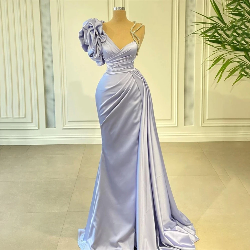 

Lavender Evening Dresses 2023 Mermaid V Neck Ruched Sleeve Sweep Train Robe De Soiree Women Pageant Evening Party Gowns Robe De