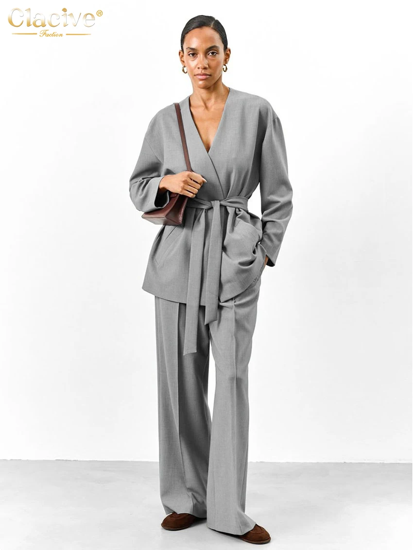 Clacive Повседневные свободные серые брюки для женщин комплект из 2 предметов 2025 г.