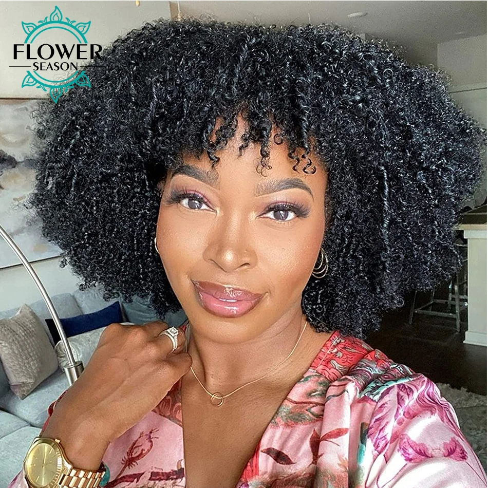 Afro Kinky Curly Wig With bangs 200Density Brazilian Kinky Curly Human Hair Wig for Black Women Scalp Top Full Machine Made Wig