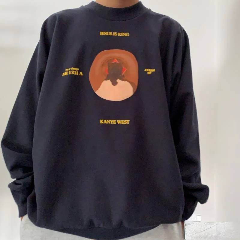 

Толстовка West Fashion Kanye с круглым вырезом для мужчин и женщин, винтажный свитшот с изображением Иисуса и короля, с графическим принтом, мужская ...
