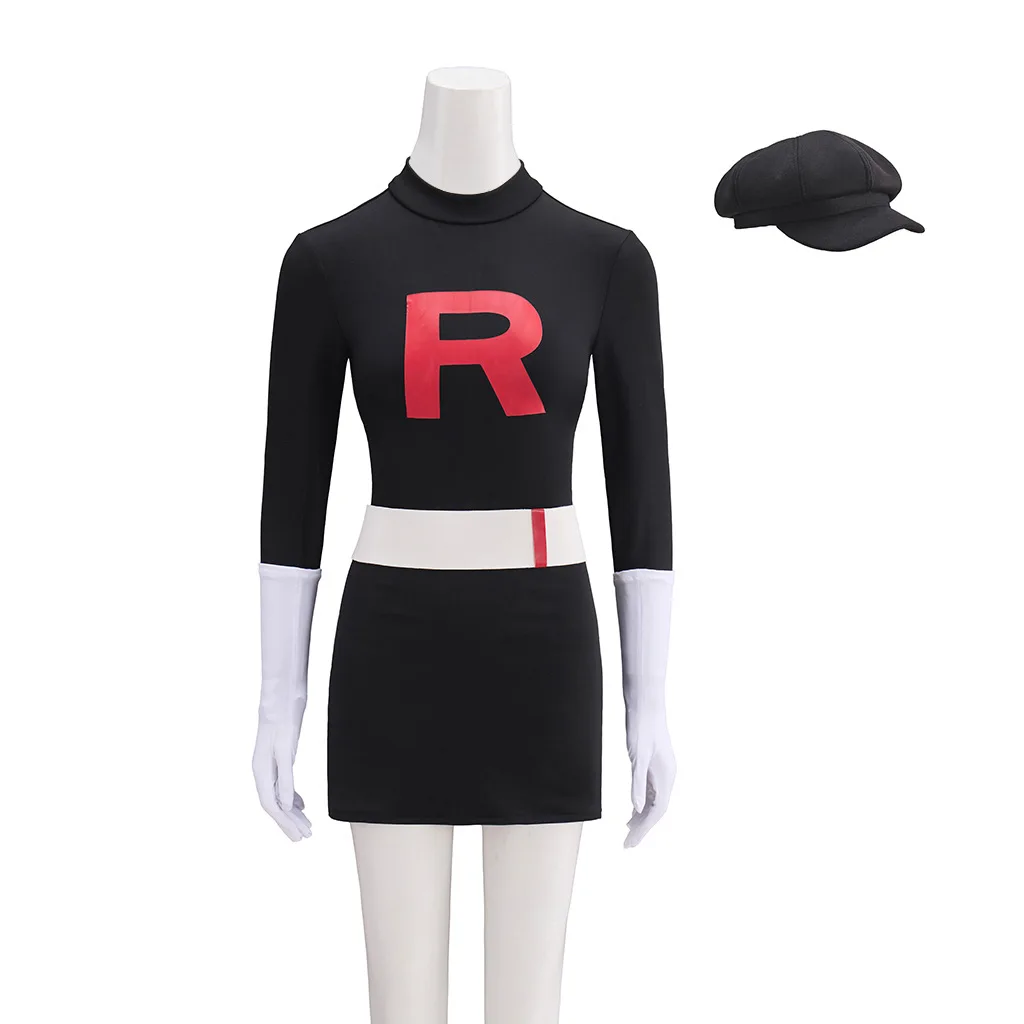 Фото Аниме косплей костюм для взрослых Team Rocket Jessie черное облегающее платье Хэллоуин косплей костюм полный комплект костюма №1
