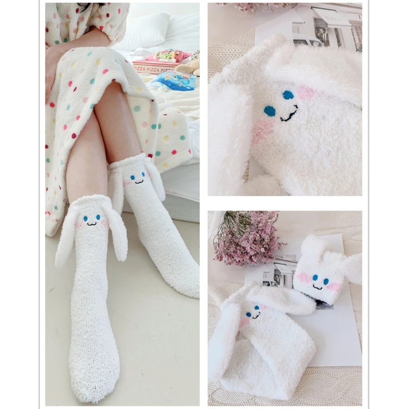 

Women Cute Rabbit Embroidery Fuzzy Slipper Socks 3D Bunny Ears Warm Home Hosiery