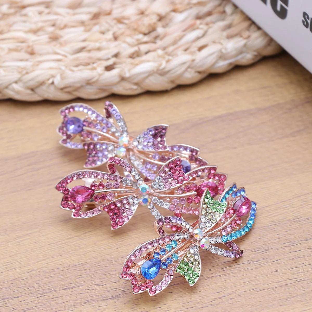 

3pcs Rhinestone Hair Clips Shiny Flower Hair Barrettes Hair Accessory for (Red, Purple, Color)