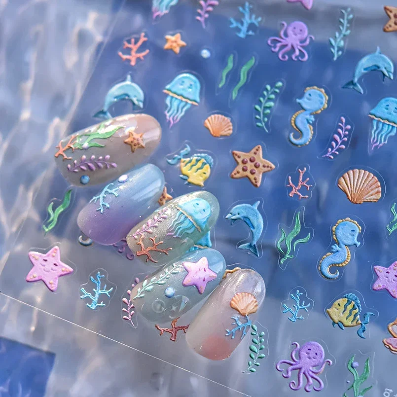 Summer Sea Ocean Coral Dolphin Jellyfish Cuttlefish Shell Beach Conch Starfish Relief Decoration Nail Art Sticker Manicure Decal
