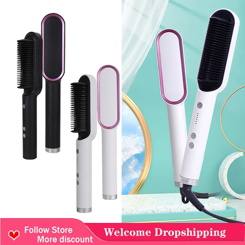 

Ionic Hair Straightener Brush And Curler 2-In-1 Flat Iron For Hair Straightening Curling Comb Dual Voltage Hot Hair Brush
