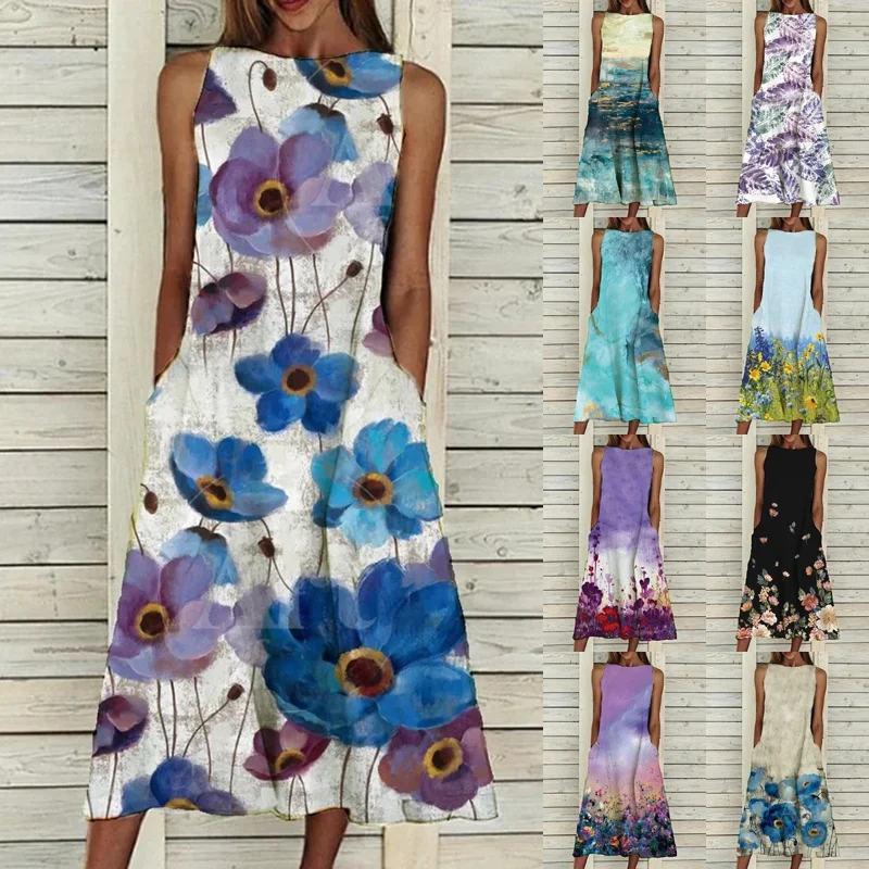 Women's Summer Sleeveless Round Neck Print Pocket Knee Skirt Bohemian Wind Casual Dress