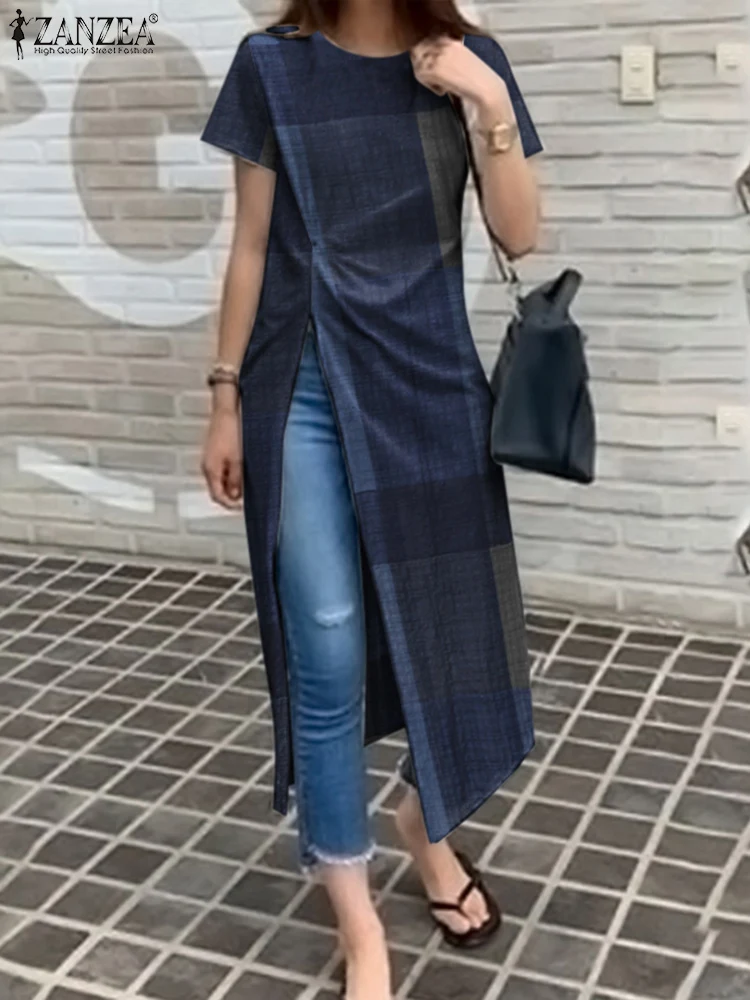 

Irregular Slit Camisas Oversized OL Tunic 2022 Casual Printed Long Shirts ZANZEA Fashion Short Sleeve Tops Women's Summer Blouse